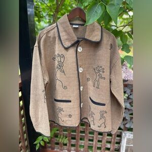 VENUS IMPORTS 2XL brown 100% cotton button up pocketed kokopelli art jacket